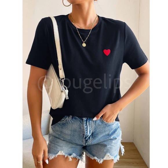 Navy Blue Crew Neck Tee Shirt Embroidered Red Heart - Picture 5 of 8